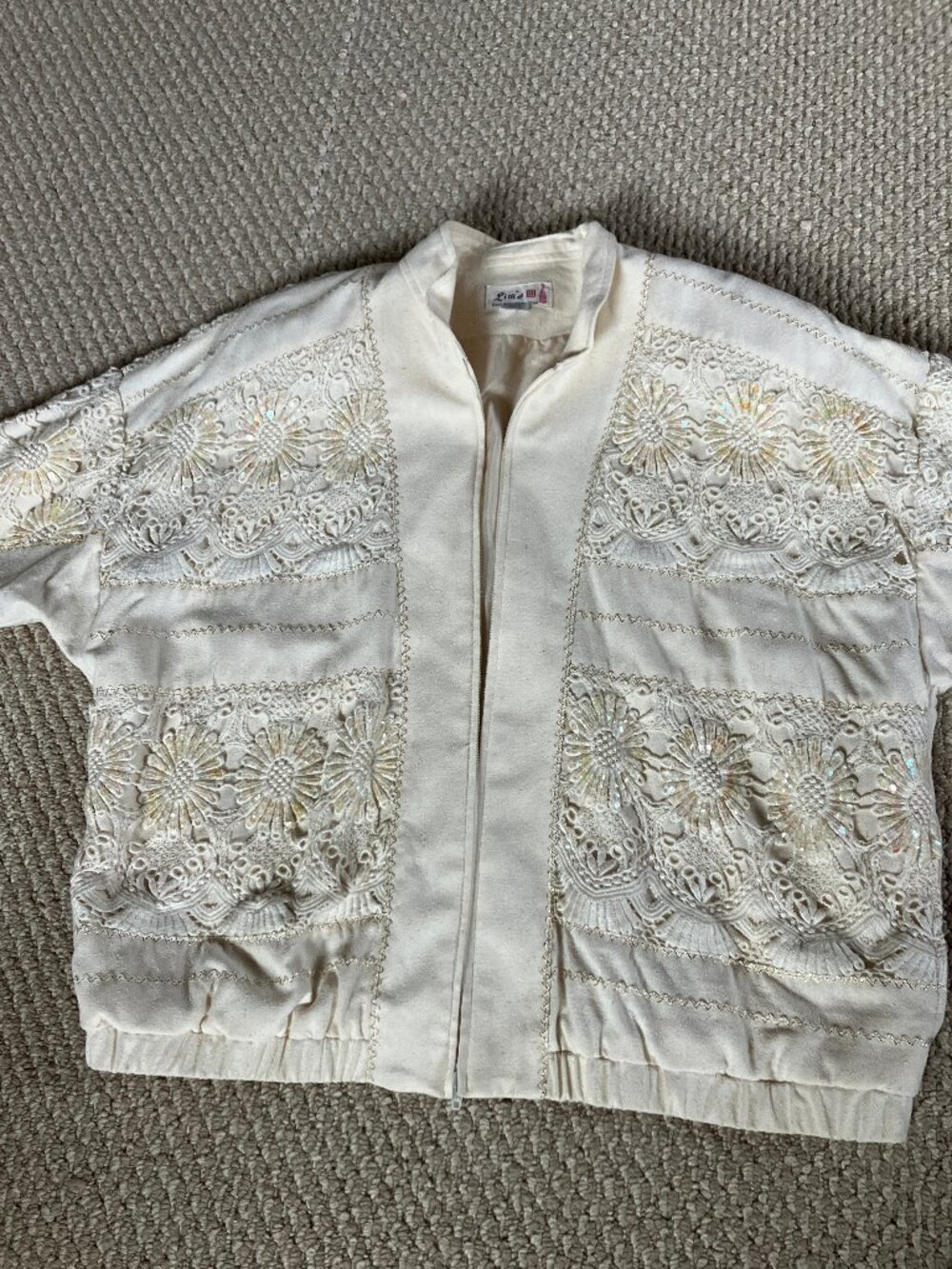 Vintage 80’s Lim’s Zip-Up Sequin & Lace Bomber 100% Silk Jacket Size Large READ